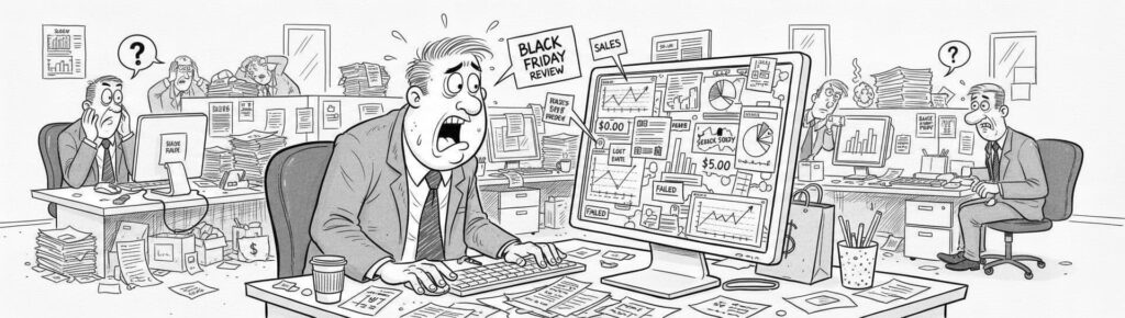 Team reviewing last year’s Black Friday email campaign data to plan 2025 strategy