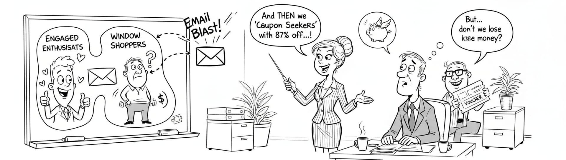 Marketing team discussing audience segmentation strategies for personalized Black Friday email campaigns