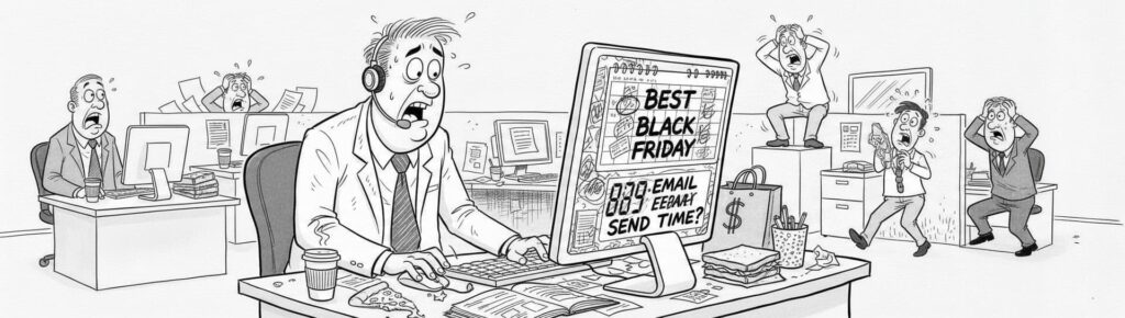 Marketing team reviewing last year’s email campaign analytics to plan data-driven strategies for Black Friday 2025