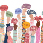 Diverse hands holding speech bubbles, representing multilingual email campaigns for global business