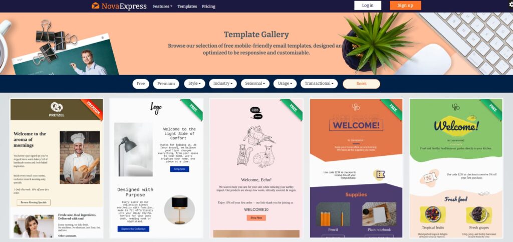 Gallery of ready-to-use welcome email templates in Nova Express