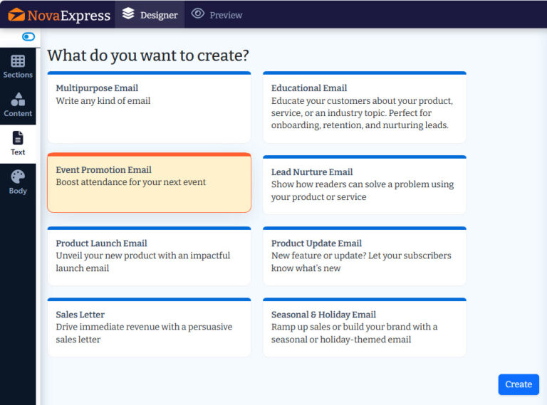 AI-powered email campaign template selection screen in Nova Express, showing 8 agency categories