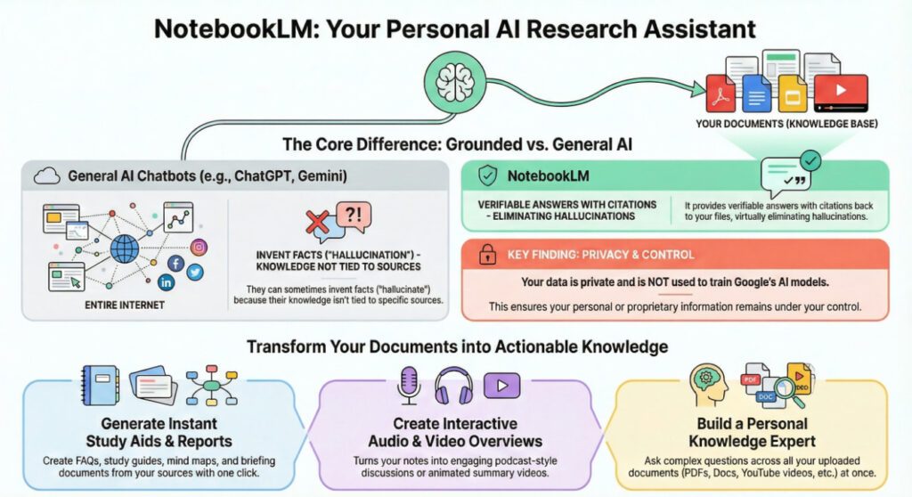 Infographic comparing NotebookLM to general AI chatbots, showing how NotebookLM uses Retrieval Augmented Generation (RAG) to analyze only user-uploaded documents while preventing hallucinations, versus general AI that invents facts. Shows three benefits: generate instant study aids, create interactive audio and video overviews, and build a personal knowledge expert.