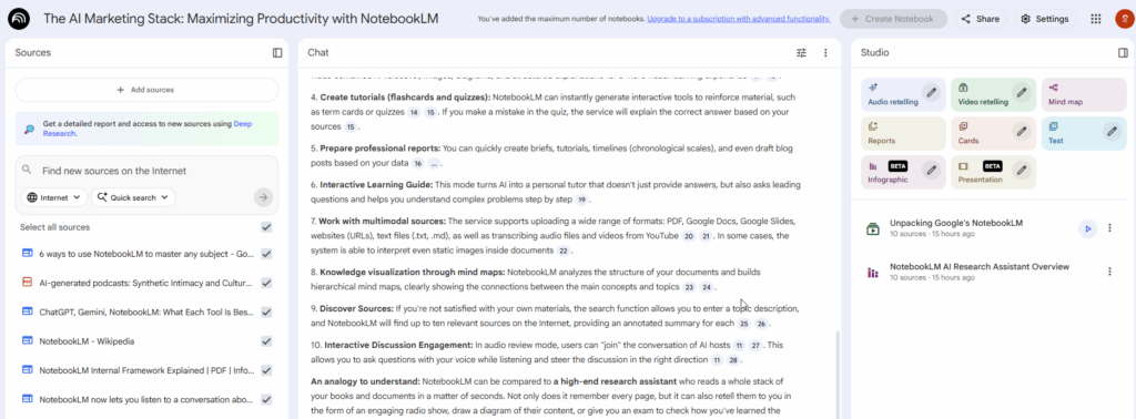 Screenshot of NotebookLM interface showing how it searches and analyzes user-uploaded documents with source citations, demonstrating the difference between NotebookLM's document-specific AI approach and ChatGPT's general knowledge model.