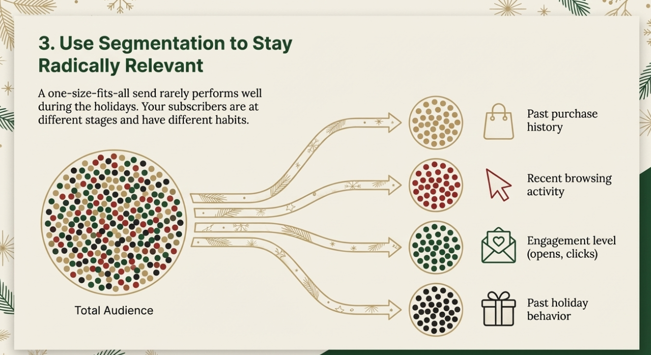 Use Segmentation to Stay Radically Relevant — segment your holiday email audience by past purchases, browsing activity, engagement level, and holiday behavior
