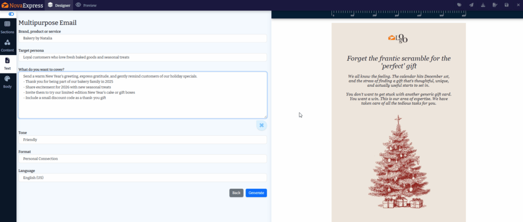 Nova Express AI Email Copywriter generates on-brand marketing text in seconds