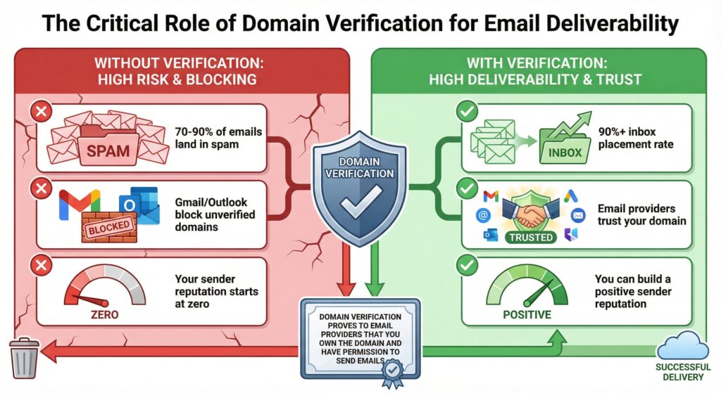 Domain verification impact on email deliverability: comparison showing 70-90% spam rate without verification versus 90%+ inbox placement with verification