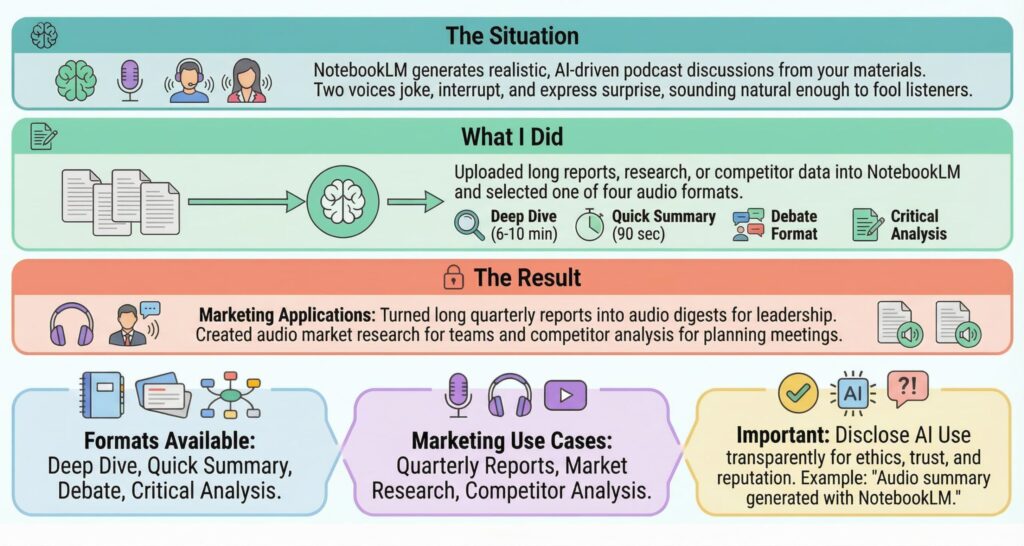 Illustration of using NotebookLM to create AI-generated podcasts and videos from marketing reports without recording equipment or hosts.