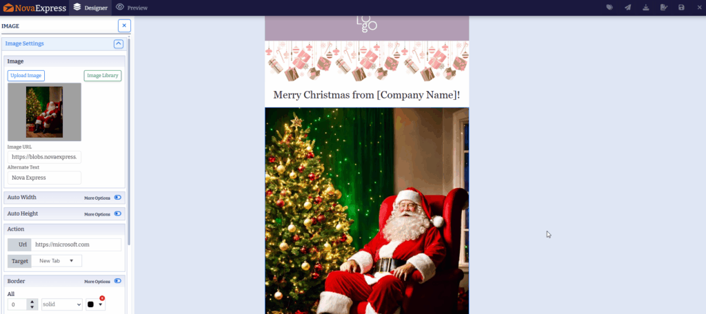 Nova Express email campaign builder: templates, editor, and stock images in one dashboard