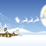 Festive illustration of Santa’s sleigh flying over a snowy town under a full moon, perfect for Christmas email marketing content.