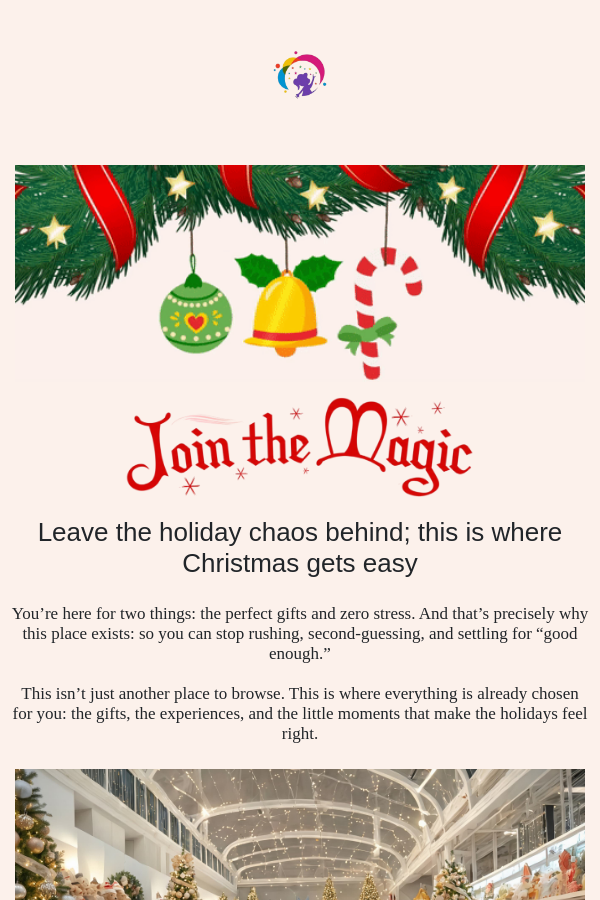 Immersive Christmas email template with festive banner, “Join the Magic” headline, and cozy store interior photo.