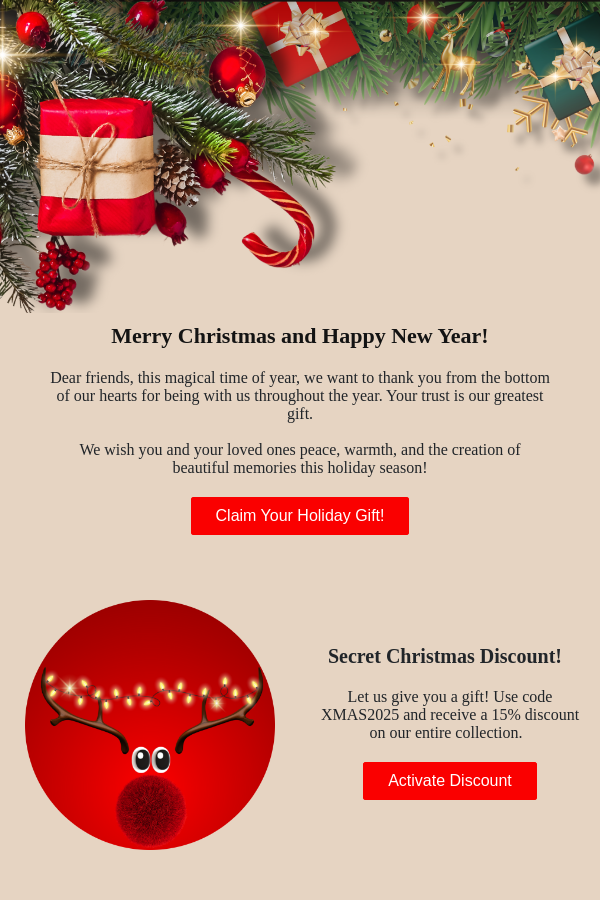 Festive Christmas email template with gifts, pine branches, and a reindeer graphic promoting holiday discounts.