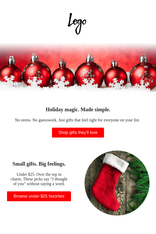 Minimalist Christmas email template with red ornaments and a “Shop gifts they’ll love” CTA button.