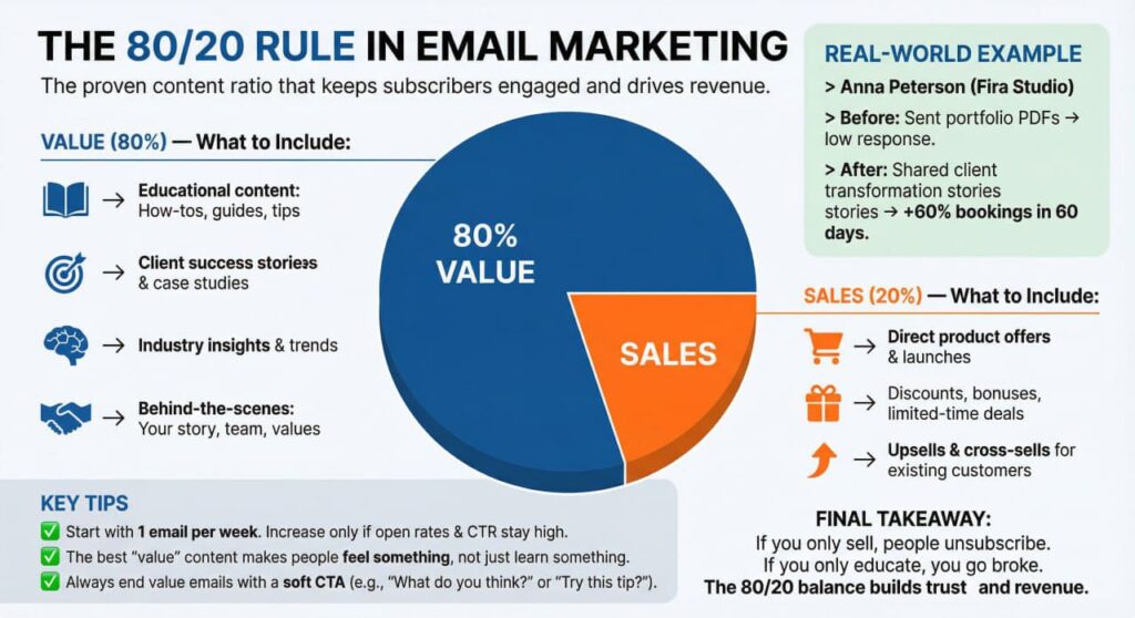 The 80/20 rule in email marketing: 80% value content, 20% sales. Real-world example with Anna Peterson’s design studio.