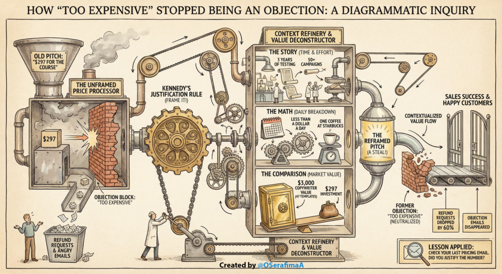 How to turn “too expensive” into “a steal” using Kennedy’s justification rule,visual guide with gears, bricks, and value breakdown.