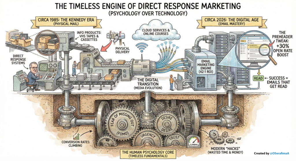 A detailed illustration comparing Dan Kennedy’s 1980s direct response machine with a modern email marketing engine, showing gears labeled with psychological triggers like fear of missing out and urgency, and a callout that a preheader tweak can boost open rates by 30%, emphasizing that timeless fundamentals outperform modern hacks.
