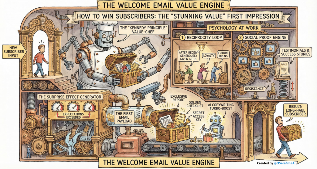 How to wow new subscribers with your first email, using Kennedy’s “stunning value” principle.