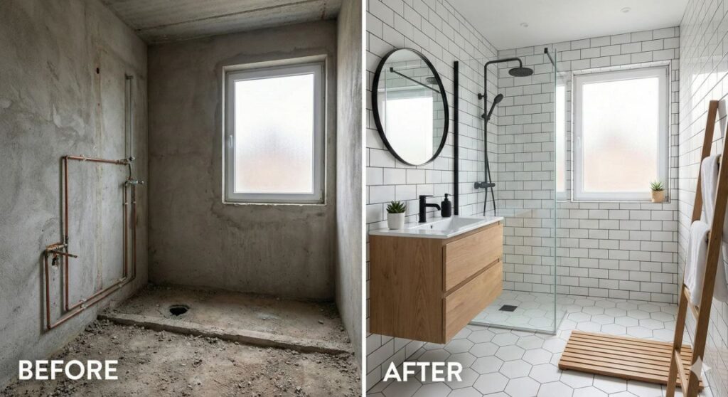 Realistic before-and-after bathroom renovation: raw concrete walls to modern Scandinavian design
