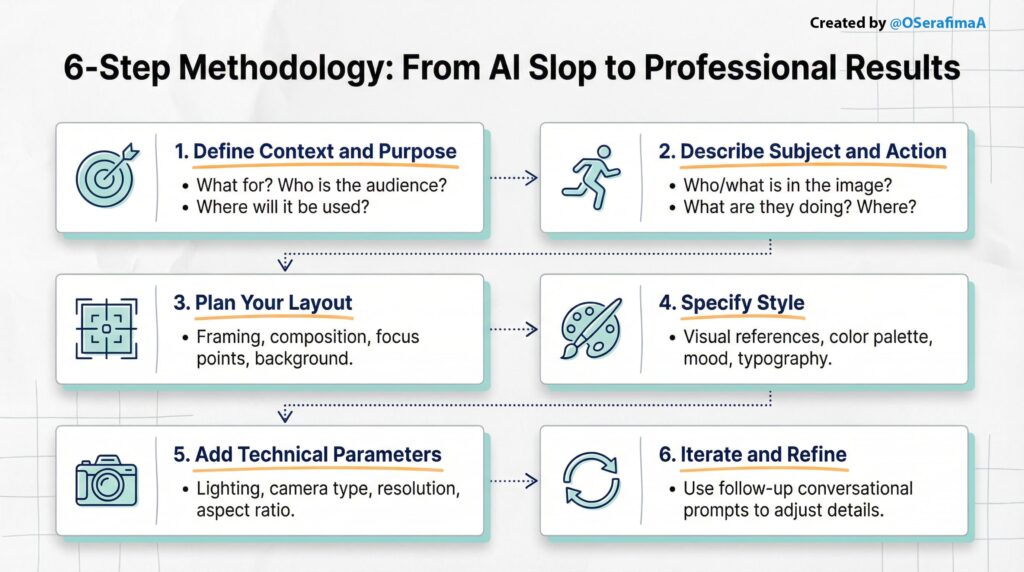 Infographic titled “6-Step Methodology: From AI Slop to Professional Results” with six steps for structuring AI image prompts, including context, subject, layout, style, technical settings, and refinement.