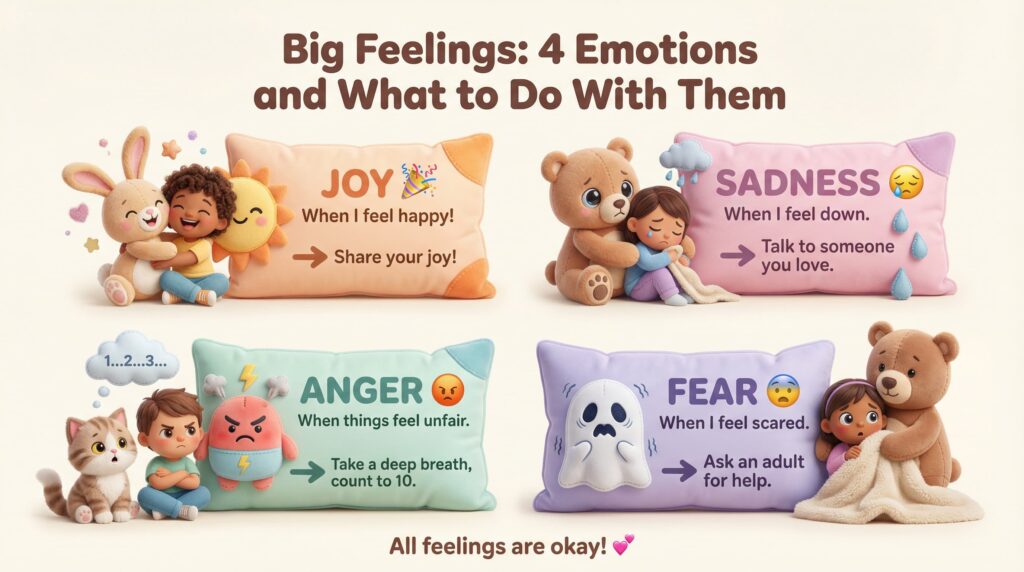 AI-generated 3D infographic with four soft pillow blocks for joy, sadness, anger, and fear, designed for children aged 5–10 and their parents.