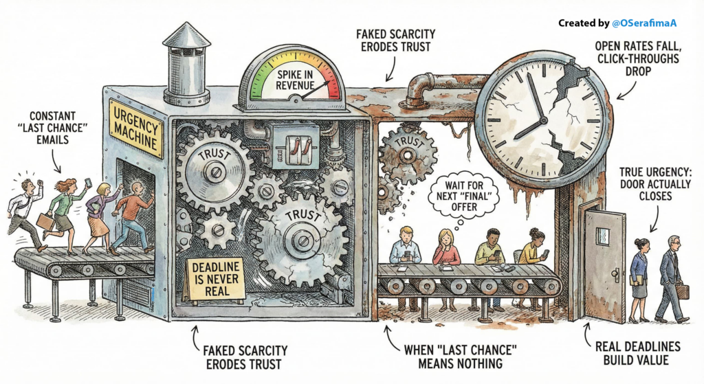 Email marketing urgency illustration showing fake scarcity factory vs real deadlines, building trust