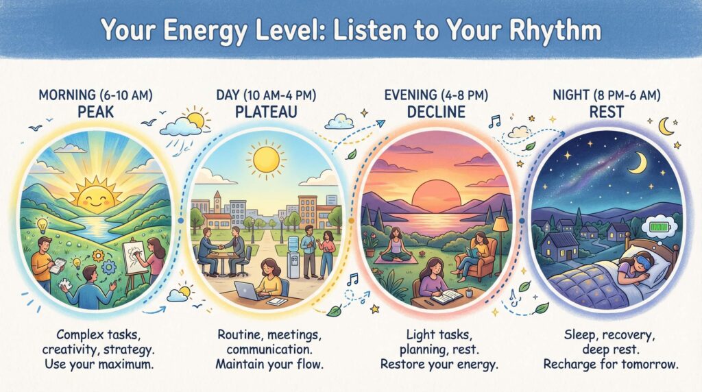 Hand‑drawn infographic titled “Your Energy Level: Listen to Your Rhythm” with four circular scenes for morning peak, daytime plateau, evening decline, and night rest, explaining which tasks to do in each phase to avoid burnout.