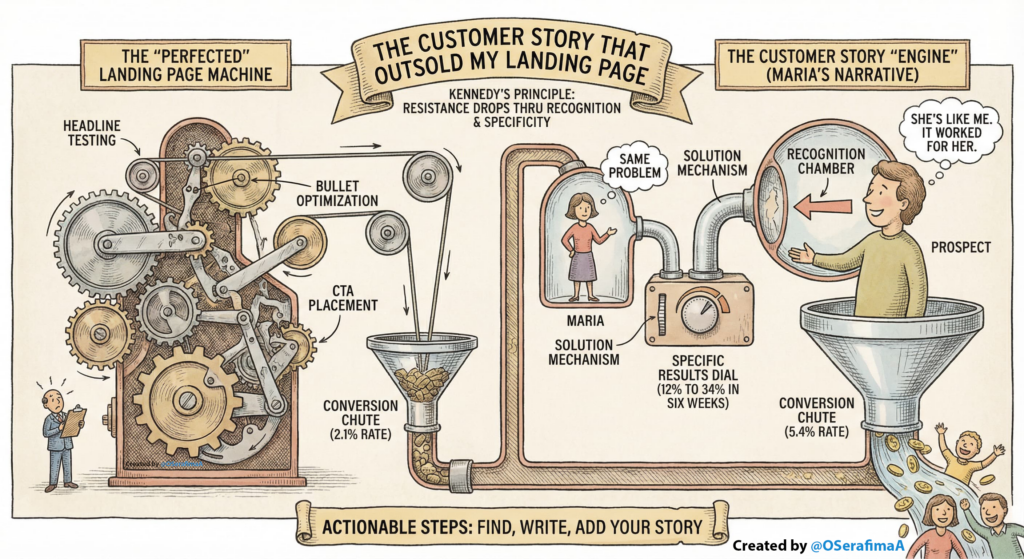 Customer success story infographic comparing perfected landing page machine vs customer story engine showing how Maria's 12% to 34% open rate conversion outsold optimized sales page