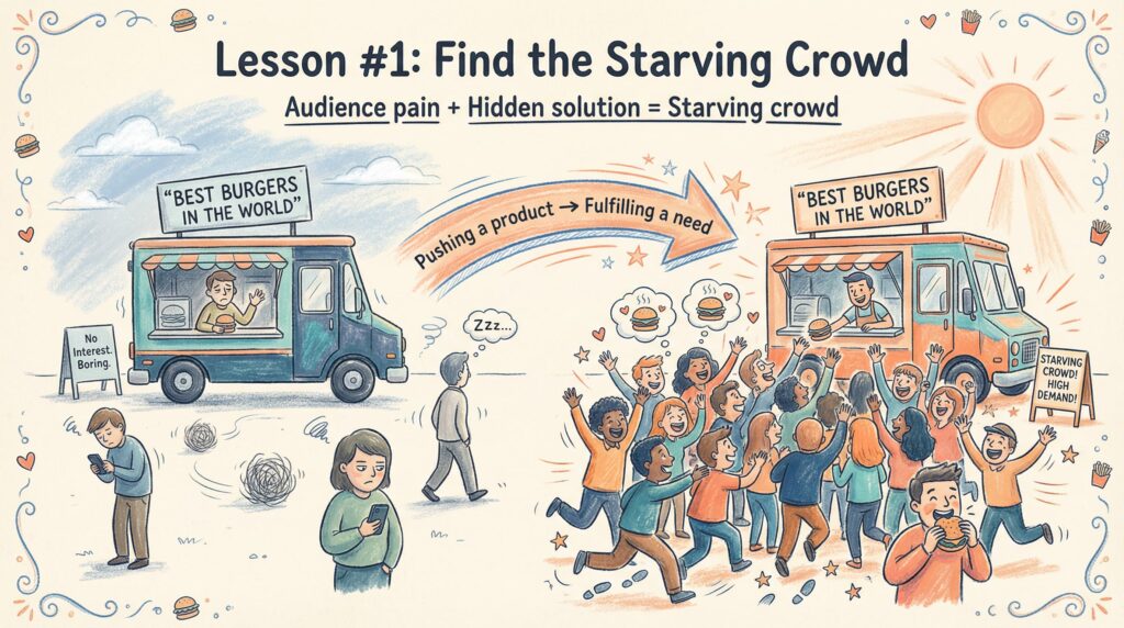 Illustration of "Starving Crowd" marketing principle: left side shows disengaged people ignoring a food truck; right side shows the same