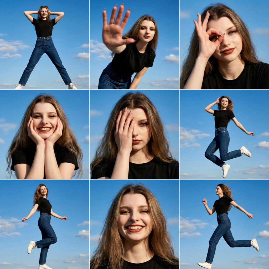 3×3 photo collage of a female model in jeans and a black t‑shirt posing against a blue sky, showing nine different dynamic poses while keeping the same face and style for fashion lookbook use.