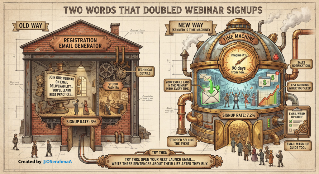 How Kennedy’s Time Machine doubled webinar signups by selling the future, not the event. Visual guide with steampunk machine and before/after comparison.