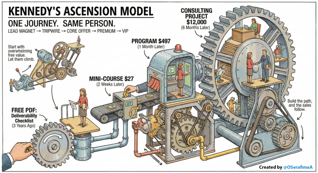 Kennedy's Ascension Model infographic showing customer journey from free PDF deliverability checklist to $27 mini-course to $497 program to $12,000 consulting project