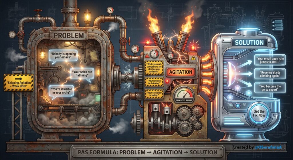 A steampunk machine showing the PAS formula: Problem → Agitation → Solution. How to make your offer feel urgent and necessary, not just nice-to-have.
