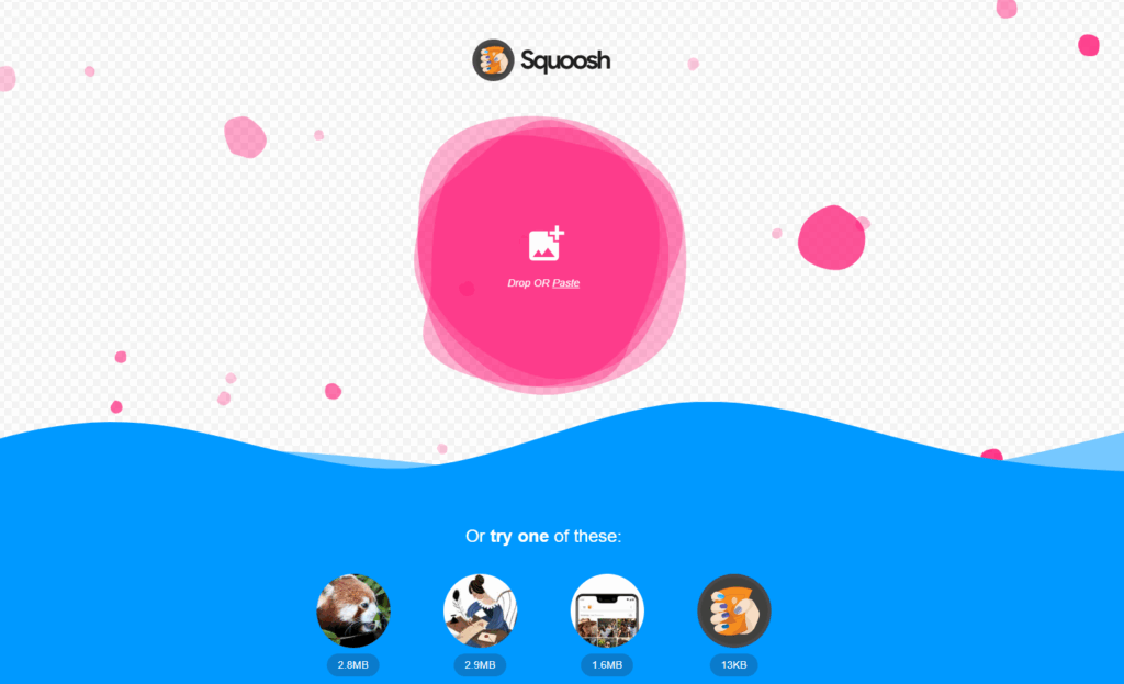 Google Squoosh interface showing pink “Drop OR Paste” circle with image icon, surrounded by floating pink dots on light background