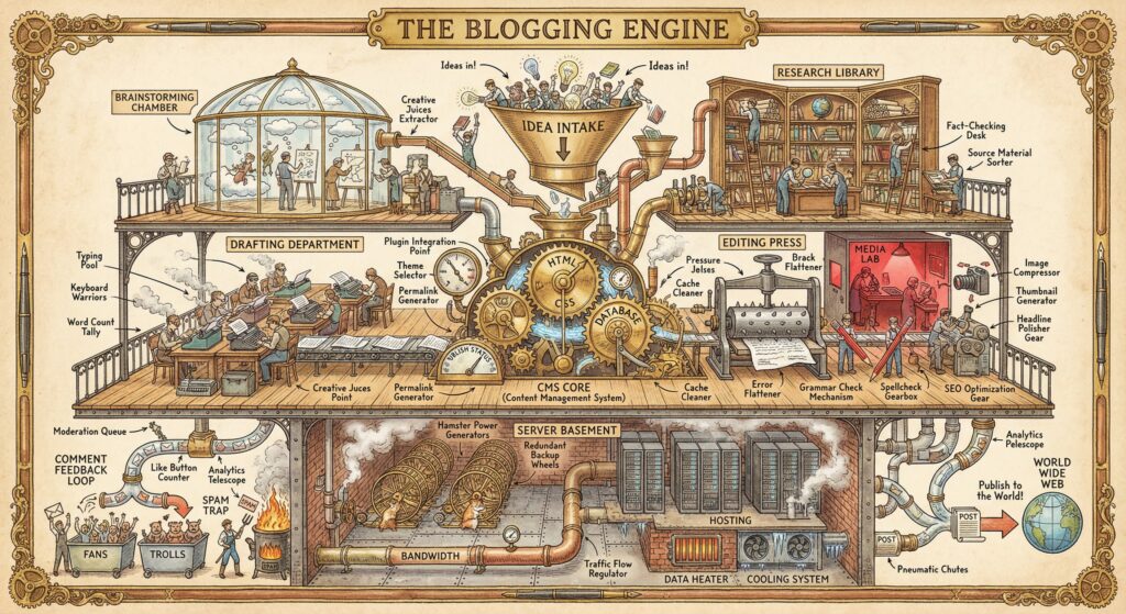 Infographic showing "The Blogging Engine" — a steampunk-style machine that visualizes the entire blogging process from idea generation to publishing, including brainstorming, drafting, editing, hosting, and analytics, with humorous elements like hamster power generators and spam traps.