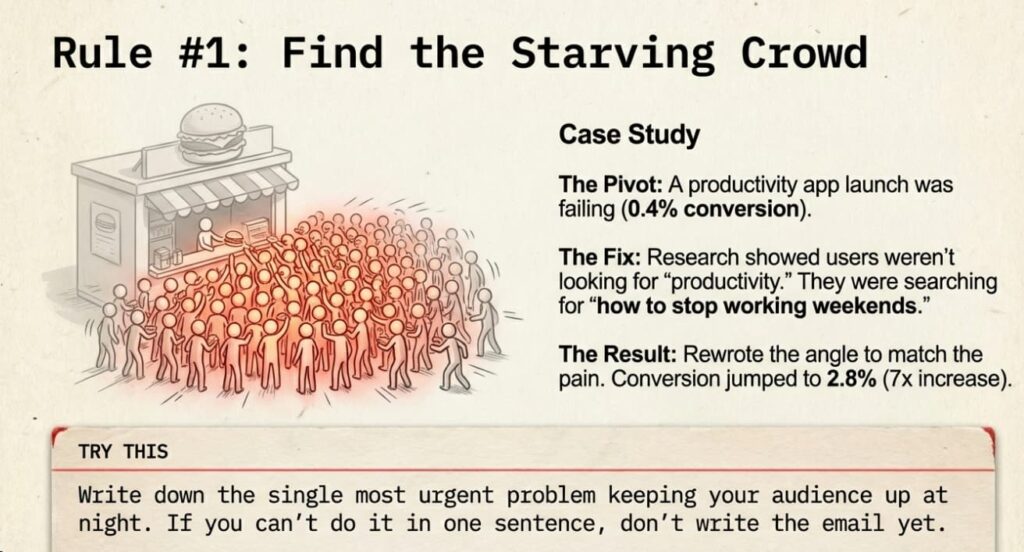 Illustration of Gary Halbert’s Rule #1 “Find the Starving Crowd” with a packed crowd in front of a small shop and a case study about fixing a failing productivity app launch.