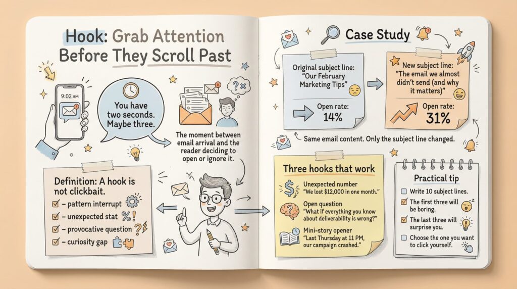 Illustration explaining how to write hooks for email subject lines, with a case study comparing old and new subject lines and three types of hooks.