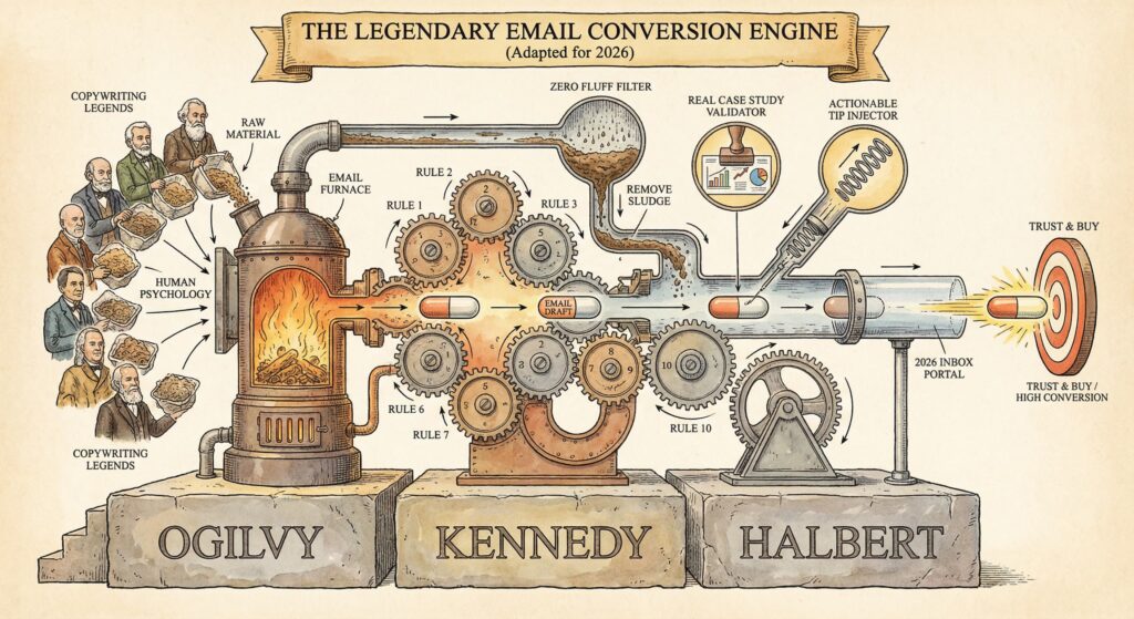 The Legendary Email Conversion Engine diagram showing steampunk mechanical machine with gears labeled with 10 copywriting rules, fed by portraits of Ogilvy, Kennedy, Halbert and other legends, producing trust and high conversion