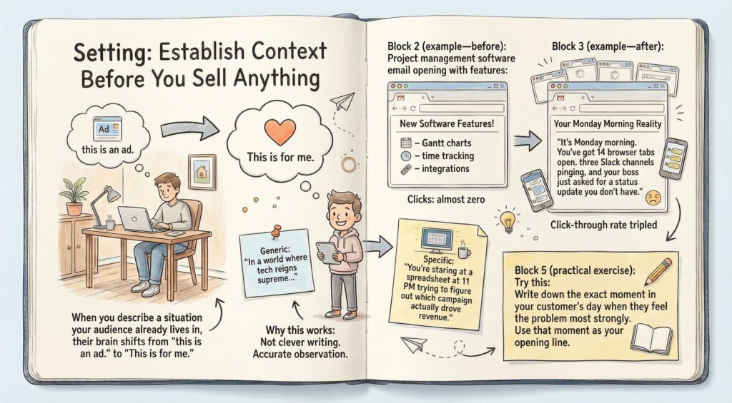 Illustration showing how to set context before selling in email copy, with a Monday morning work scenario
