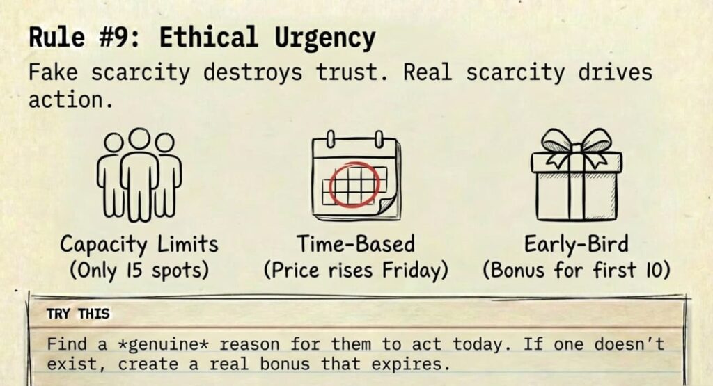 Infographic explaining ethical urgency in marketing with examples of real scarcity: capacity limits, time‑based deadlines, and early‑bird bonuses.