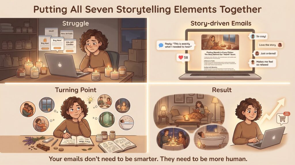 Illustration of a candle business owner writing story-driven emails at her laptop, showing the seven storytelling elements and how they increase email replies and repeat purchases.