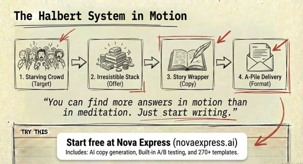 Infographic titled “The Halbert System in Motion” showing four steps of Gary Halbert’s email strategy: 1) Starving Crowd (target), 2) Irresistible Stack (offer), 3) Story Wrapper (copy), 4) A‑Pile Delivery (format), with his quote “You can find more answers in motion than in meditation. Just start writing.” and a call‑to‑action banner for starting free at Nova Express.