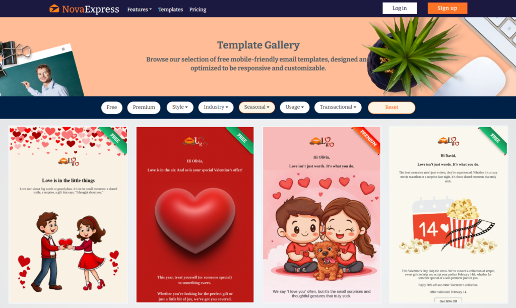 Nova Express Valentine’s Day email templates preview.