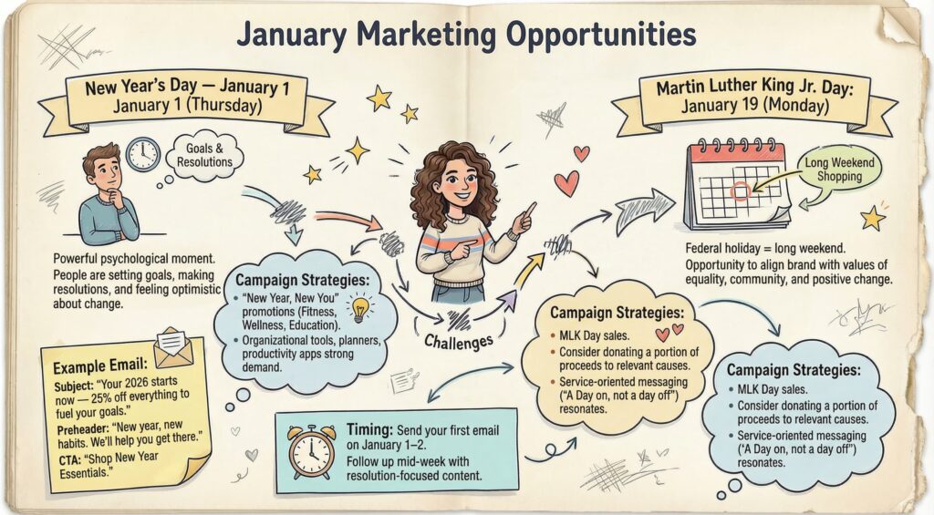 January marketing calendar infographic showing New Year's Day and Martin Luther King Jr. Day email campaign strategies, including example subject lines, timing, and campaign focus for holiday email marketing
