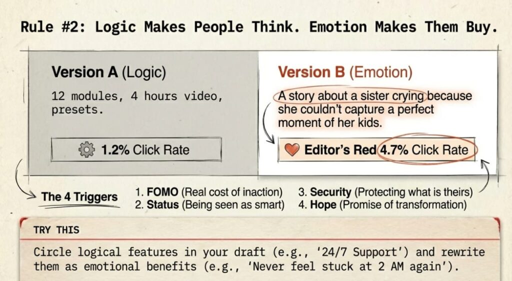 Side‑by‑side email examples showing Version A with logical features and a 1.2% click rate versus Version B with an emotional story and a 4.7% click rate, illustrating Gary Halbert’s rule that emotion drives action.