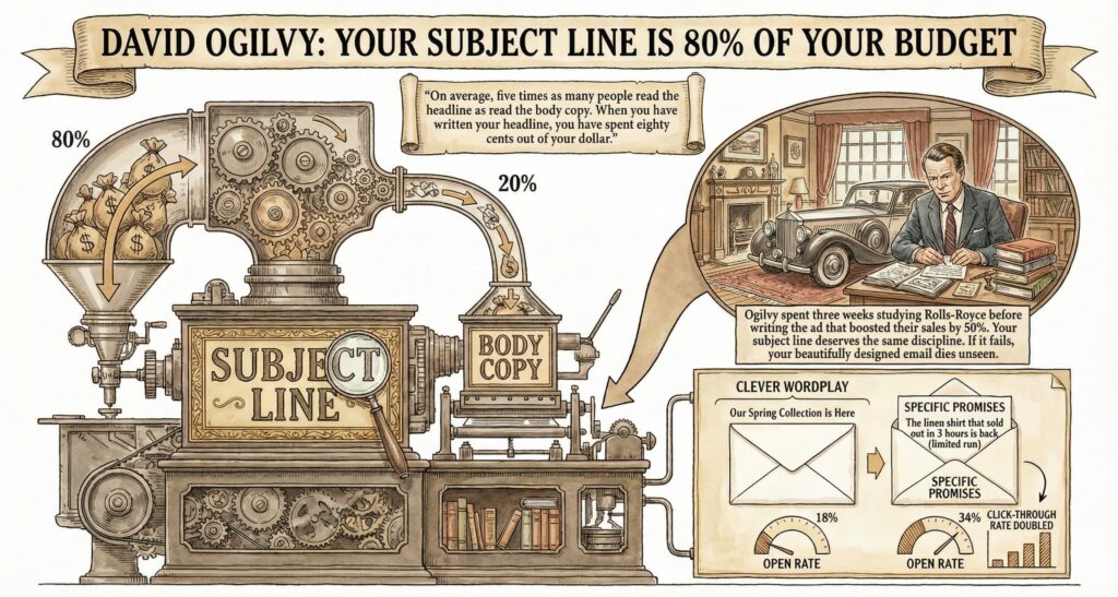 David Ogilvy email engine showing subject line gets 80% of budget, body copy 20%, with Rolls-Royce case study and results: open rates 18% to 34%, click-through rate doubled