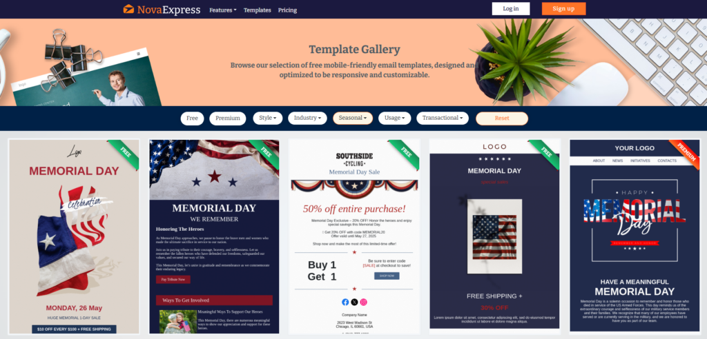 Memorial Day email marketing tips with a preview of Nova Express templates.