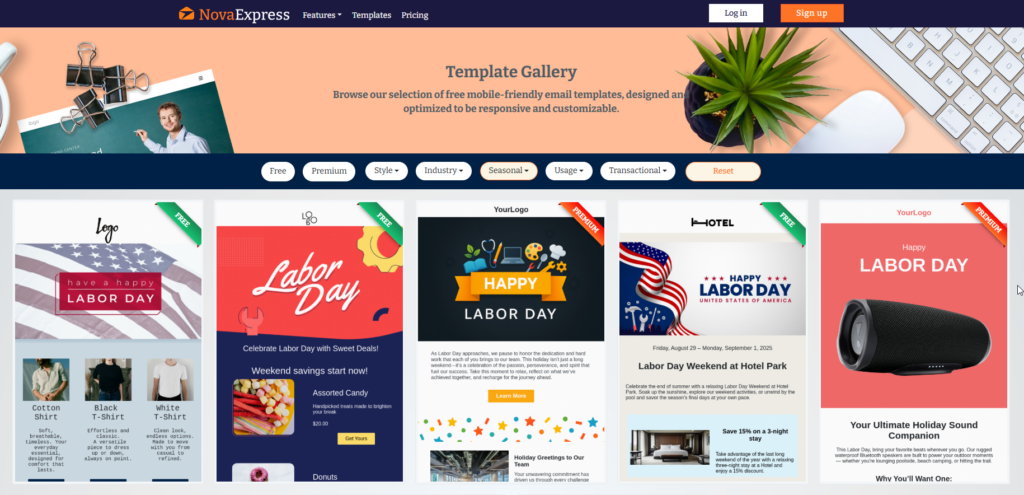 Labor Day email marketing tips with a preview of Nova Express templates.
