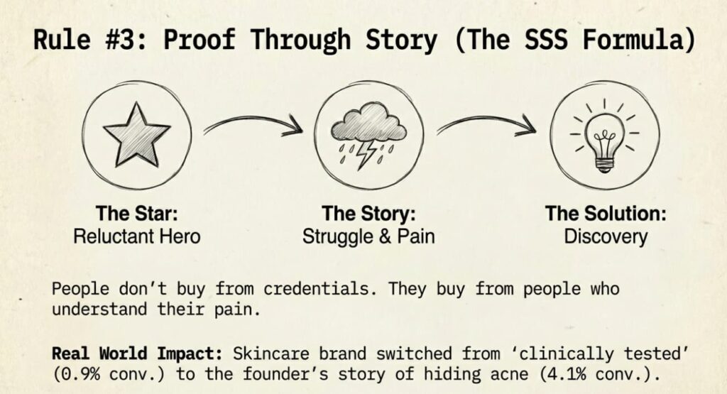 Diagram illustrating Gary Halbert’s SSS formula: the Star (reluctant hero), the Story (struggle and pain), and the Solution (discovery), showing how storytelling increased a skincare brand’s email conversion from 0.9% to 4.1%.