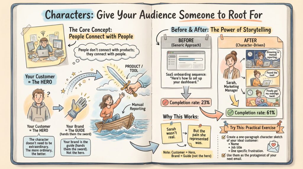 Illustration showing how to use a customer character as the hero in email marketing, with a before–after onboarding email example and a persona named Sarah.