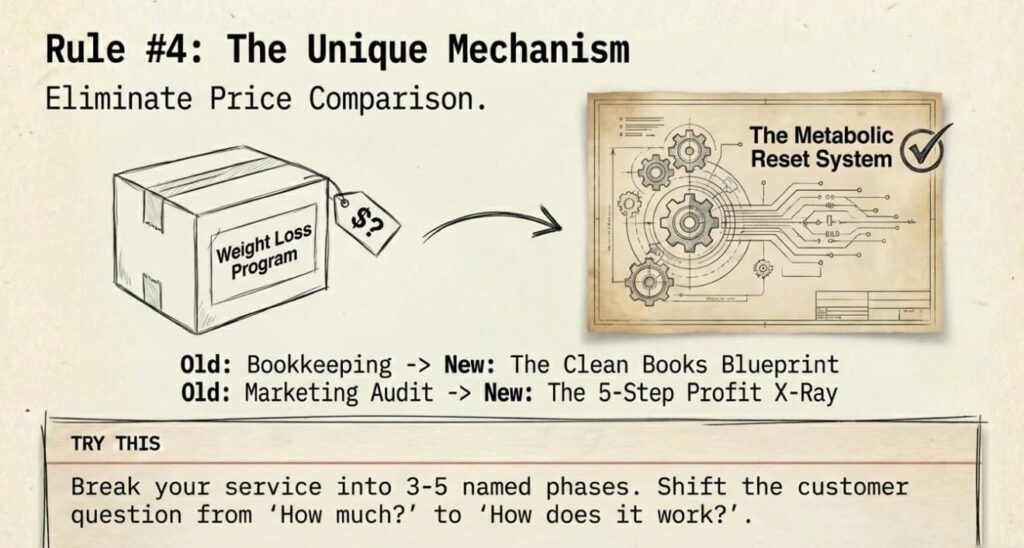 Illustration of Gary Halbert’s Rule #4, showing a generic “Weight Loss Program” box transforming into a named system called “The Metabolic Reset System,” with examples of rebranding bookkeeping services into “The Clean Books Blueprint” to avoid price comparison.
